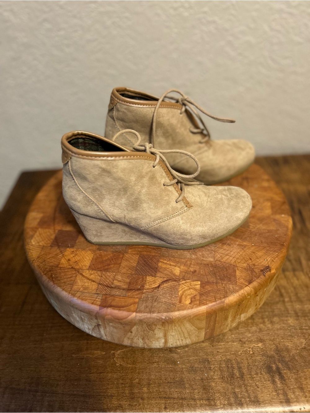 Mad Love Taupe Suede Lace-Up Wedge Ankle Boots